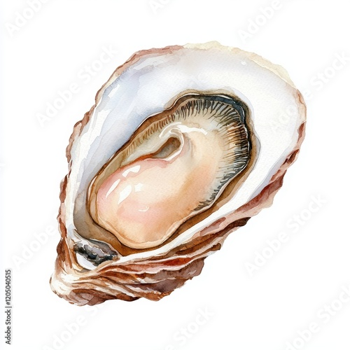 Single Fresh Oyster Watercolor Painting - Gourmet Seafood Delicacy photo