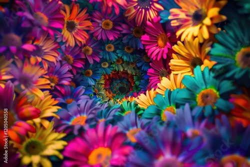 Psychedelic swirl of multicoloured daisies, each petal a burst of vibrant, electric color.