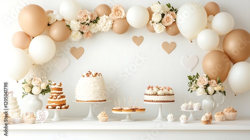 Elegant cake display with balloons and flowers for celebrations bright indoor setting food photography festive atmosphere