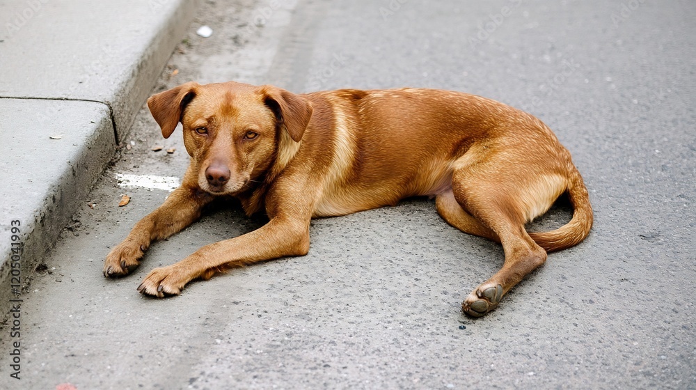 Loyal Canine Resting Peacefully on Tile Floor in Minimalist Indoor Environment Loyal Canine Resting Peacefully on Tile Floor in Minimalist Indoor Environment