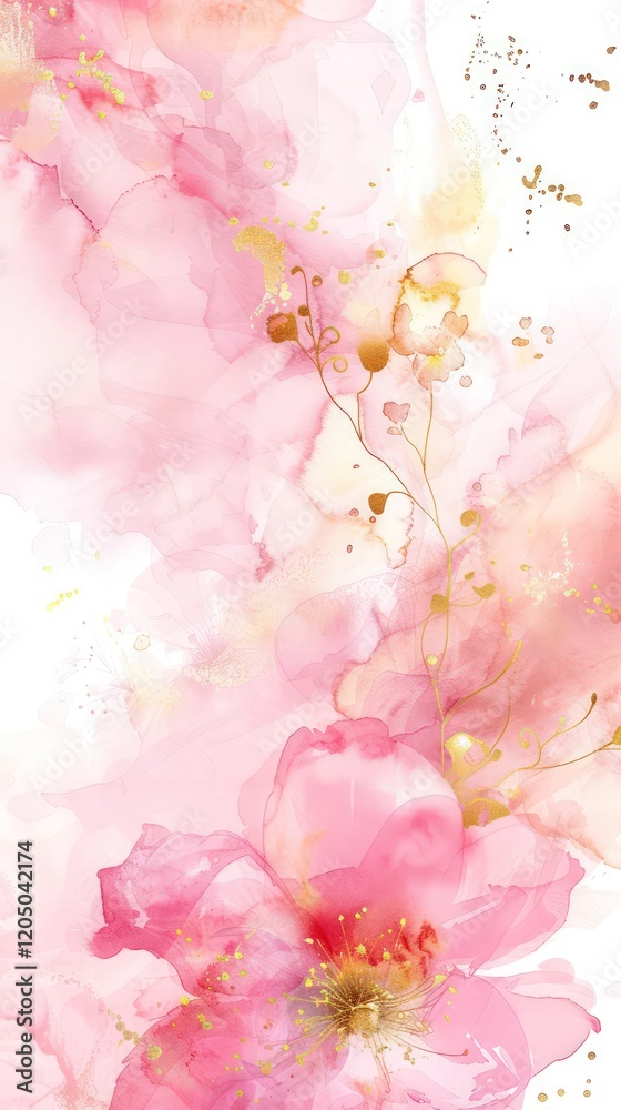 Soft watercolor illustration of spring blooms in pastel pink and gold, creating a tranquil abstract background with copy space. Soft watercolor illustration of spring blooms in pastel pink and gold, creating a tranquil abstract background with copy space.