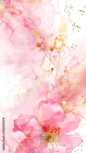 Soft watercolor illustration of spring blooms in pastel pink and gold, creating a tranquil abstract background with copy space.