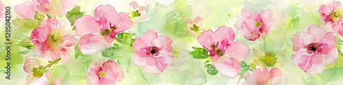 Soft watercolor illustration of spring flowers in pastel pink and lime green, offering a peaceful floral backdrop with copy space.