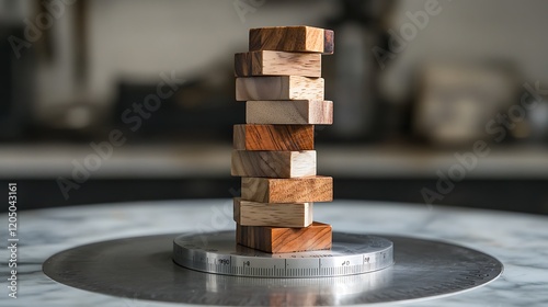 A solid wood tower weighs on one side of a platinum gauge photo