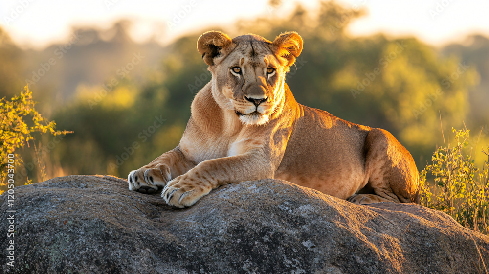 Obraz premium Lioness at Sunrise: A majestic lioness, bathed in the golden light of sunrise, rests gracefully on a rock, surveying her kingdom. Her amber eyes gleam with an air of regal confidence. 