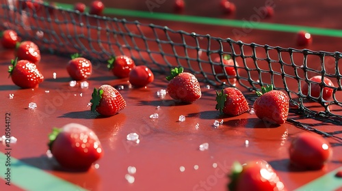 A tennis court with chocolate covered strawberries as the net and sugarcoated balls