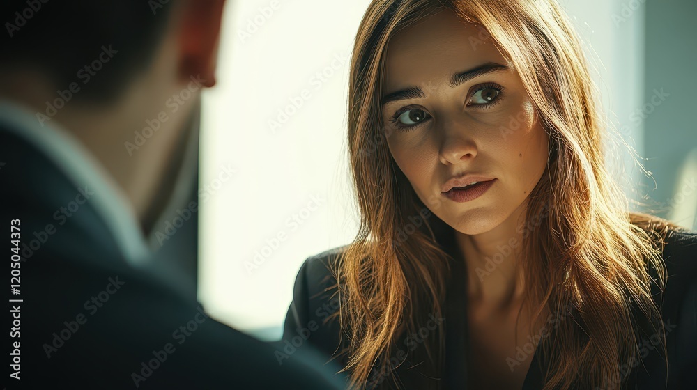 Obraz premium Young professional woman in business casual attire giving feedback to a colleague during a work review.