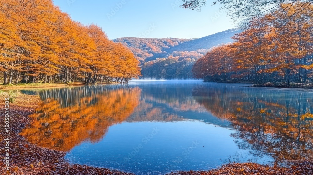 Fototapeta premium Autumn lake reflection, mountain backdrop, misty sunrise, serene landscape, travel poster