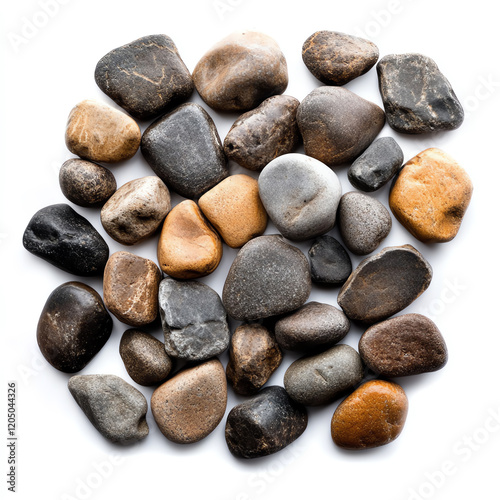 A collection of smooth river stones in various shapes and colors, perfect for natural decor or landscaping projects. photo