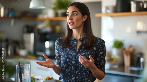 Businesswoman dressed in a business casual outfit, hosting an impromptu meeting in the office kitchen.