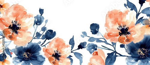 Vibrant watercolor spring flowers in hues of peach and indigo, set against a white background with copy space.
