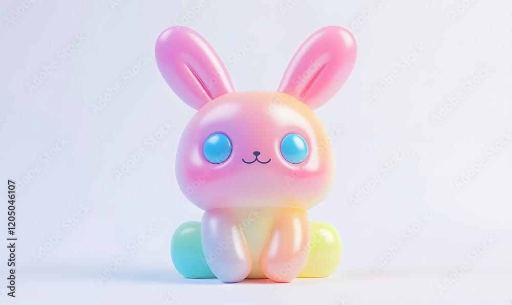 Fototapeta premium Pastel rainbow bunny, sitting, white background, 3D render, Easter