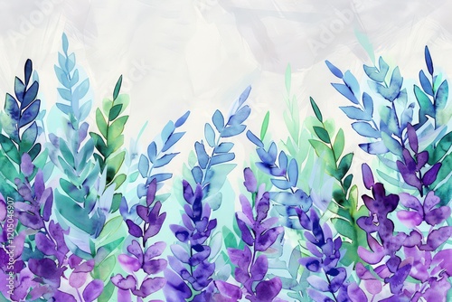 Watercolor illustration of abstract spring flowers with shades of lavender and mint green, vibrant petals creating a serene background with copy space.