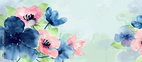 Watercolor illustration of bold indigo and pink spring flowers on a light green background with ample copy space.