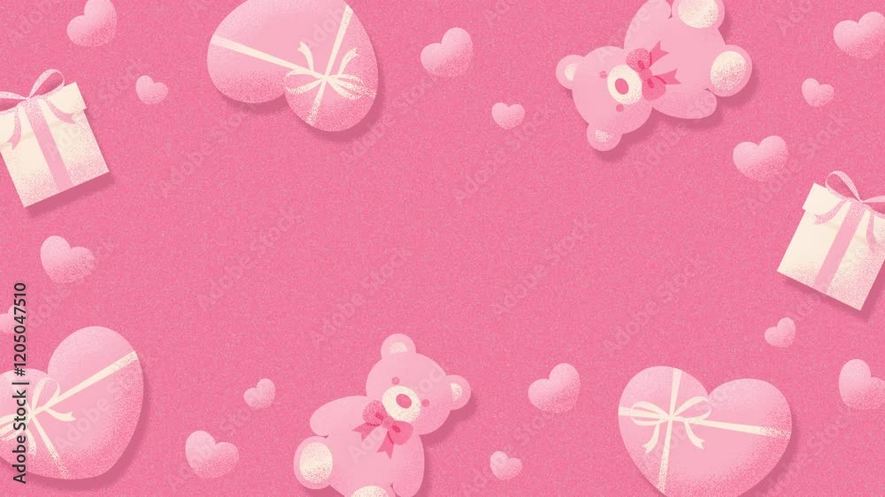 Animated valentine background with pink teddy bears, gift boxes and beating hearts