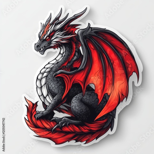 Powerful Dragon with striking red wings and fiery eyes in a stylized sticker format