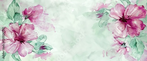 Watercolor illustration of spring flowers in magenta and mint green, an abstract design with space for text.