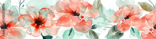 Watercolor painting of spring blooms in shades of coral and mint green, abstract floral design with copy space.