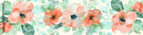 Watercolor painting of spring blooms in shades of coral and mint green, abstract floral design with copy space.