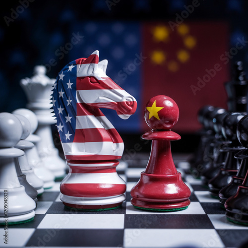 A chess pawn printed with the USA and China flags, set against a dark background. It symbolizes the tariff trade war, tax conflicts, and economic barriers between the United States and China