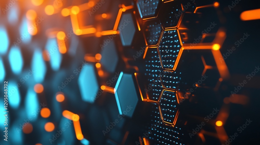 Fototapeta premium Mesmerizing Hexagonal Digital Landscape with Futuristic Neon Lighting and Geometric Shapes