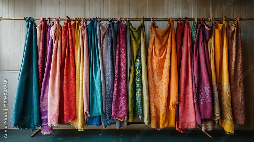 An array of vibrant blankets draped over a drying rack An array of vibrant blankets draped over a drying rack