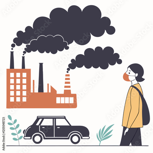 Pollution impacting a city dweller wearing a mask