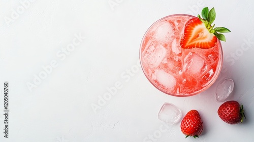 A cocktail glass with a vibrant pink drink and a strawberry garnish, isolated on a clean white backdrop, photo