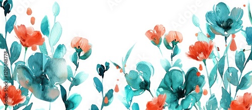 Watercolor spring flowers in shades of teal and coral, surrounded by a clear white background for text.