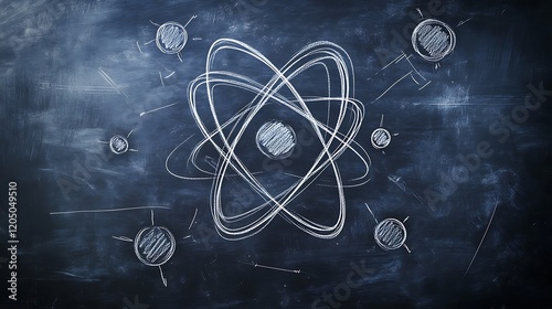 A complex atomic structure depicted with chalk on a blackboard, featuring orbitals and subatomic particles labeled