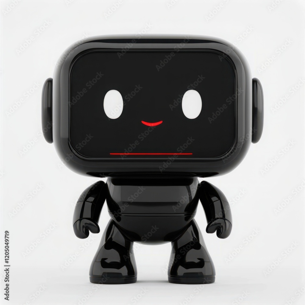 Cute black robot toy character with a friendly expression, large round head, small body, and shiny finish, ideal for children's decor, educational materials, or tech-themed designs. Cute black robot toy character with a friendly expression, large round head, small body, and shiny finish, ideal for children's decor, educational materials, or tech-themed designs.