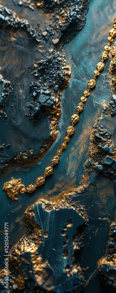 Obraz premium Design an engaging and elegant visual presentation highlighting a frontal view of a classic gold necklace, elegantly draped over a background depicting a serene mining landscape Infuse 