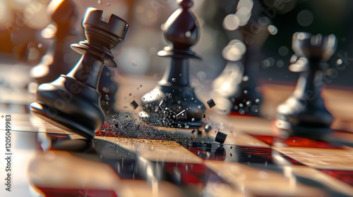 Shattered chess pieces lie on a glossy chessboard, symbolizing the end of a game or the destruction of plans.