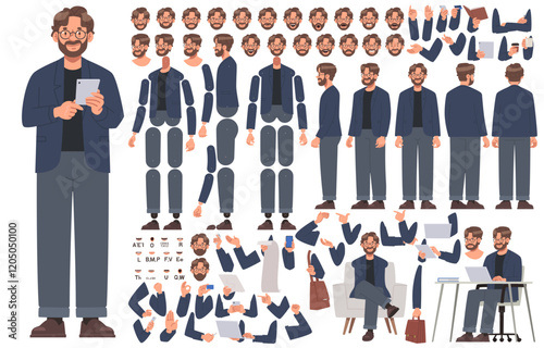 Business man character constructor. CEO or senior manager of a company. Set of different positions of arms legs body and head for creating animation