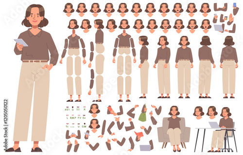 Business woman character constructor. CEO or company manager. Set of different positions of arms legs body and head for creating animation photo