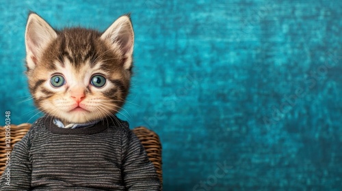 Adorable Kitten with Big Blue Eyes Wearing Sweater Sitting on Basket Against a Teal Textured Background Perfect for Cute Animals and Pet Photography photo