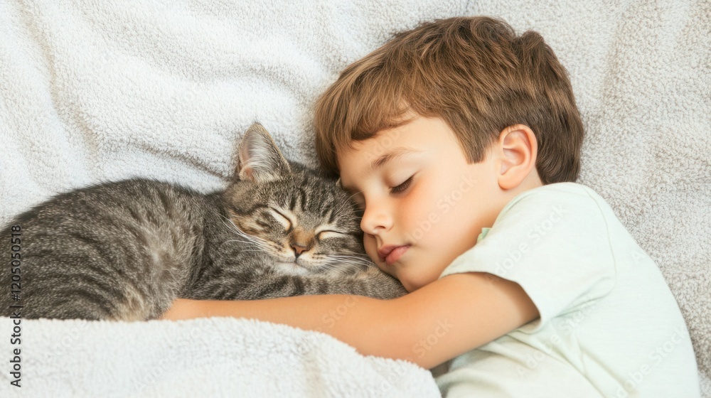 Serene Moment of Child and Cat Sleeping Together in Cozy Blanket, Capturing the Essence of Innocence, Love, and Friendship in a Home Environment Serene Moment of Child and Cat Sleeping Together in Cozy Blanket, Capturing the Essence of Innocence, Love, and Friendship in a Home Environment