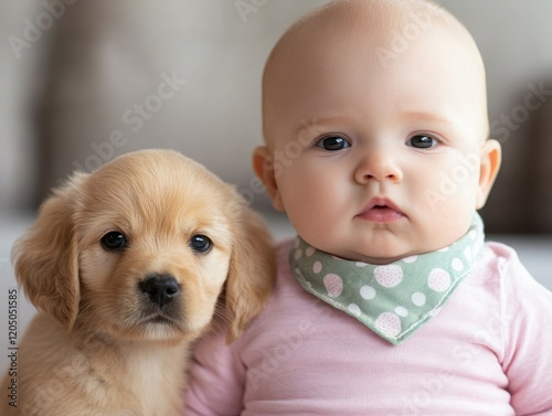 Adorable Baby and Playful Puppy Together in a Cozy Indoor Setting, Capturing a Heartwarming Moment of Friendship and Innocence with Soft Textures and Warm Lighting photo