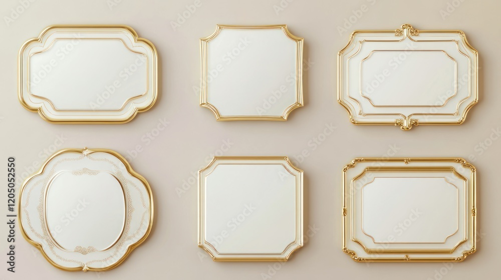 Elegant pearl white labels set glossy labels with golden frame over beige background Elegant pearl white labels set glossy labels with golden frame over beige background