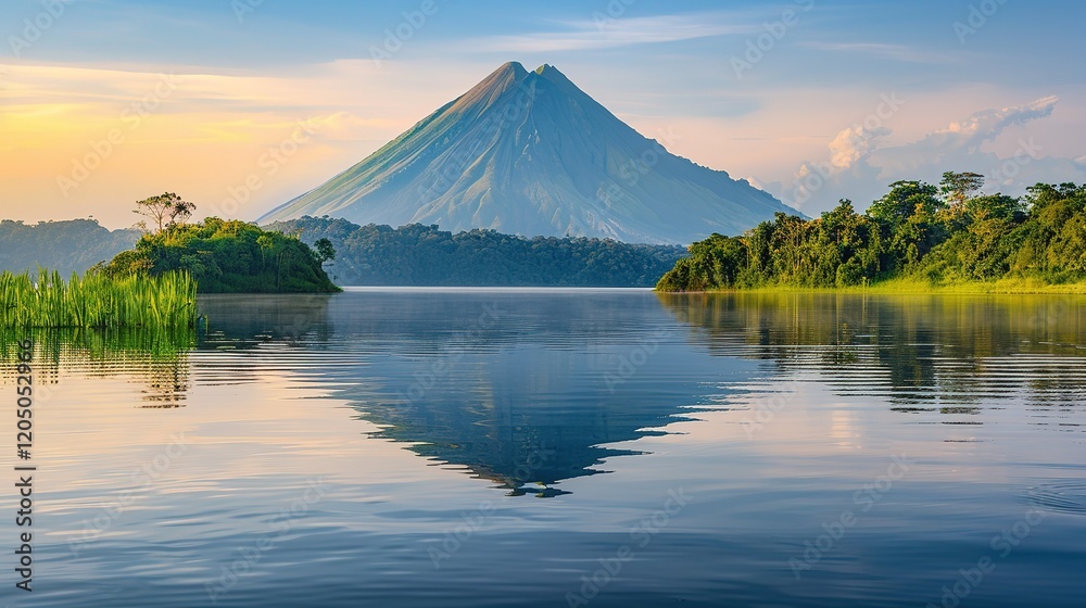 Volcanic mountain bathed in morning light, its towering peaks reflected in the calm waters of the serene lake. Volcanic mountain bathed in morning light, its towering peaks reflected in the calm waters of the serene lake.