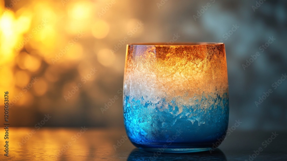 Blue and gold textured glass sits on dark surface Blue and gold textured glass sits on dark surface
