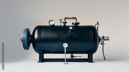 A durable air compressor with a large cylindrical tank and pressure gauge, positioned on a white background. photo