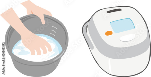 米を研ぐ様子と炊飯ジャーのベクターイラスト