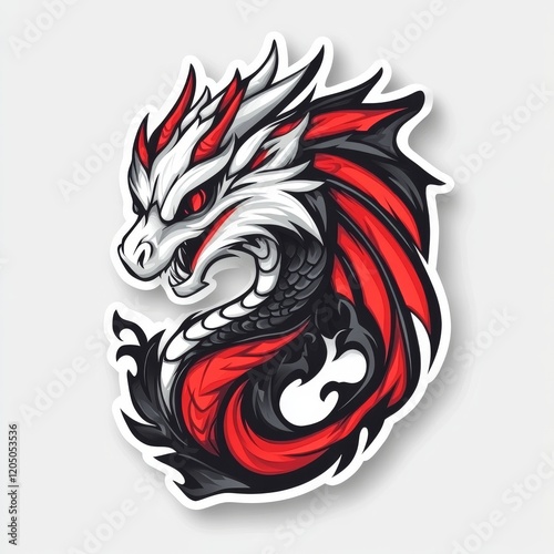 Stylized Dragon Illustration with White, Black, and Red Colors, Rendered as a Sticker Art with a White Background