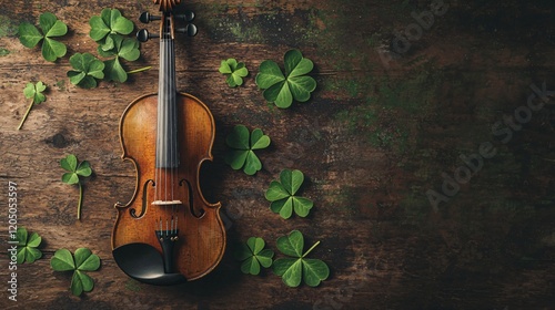 Capturing Traditional Irish Fiddle on a Wooden Table Surrounded by Green Shamrocks for Authentic Cultural Experience