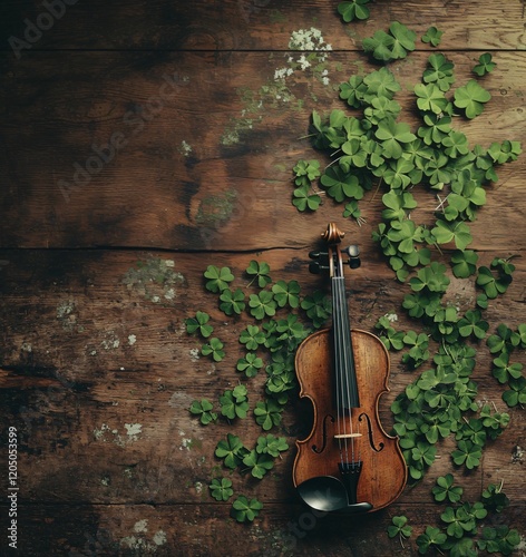 Fiddle Resting on Wooden Table Traditional Irish Music Art Rustic Setting Top View Cultural Heritage