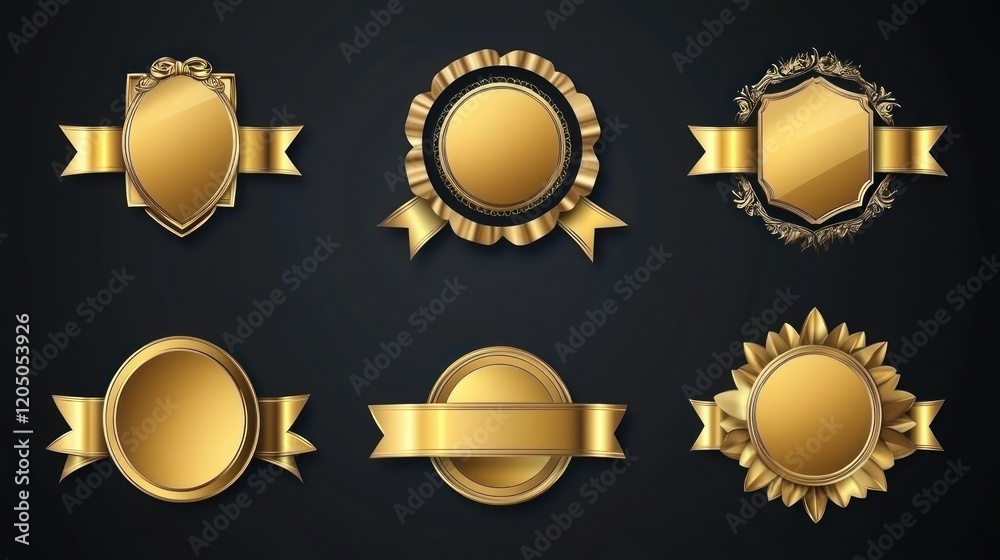 Golden luxury labels and badges premium quality certificate ribbons vector illustration Golden luxury labels and badges premium quality certificate ribbons vector illustration