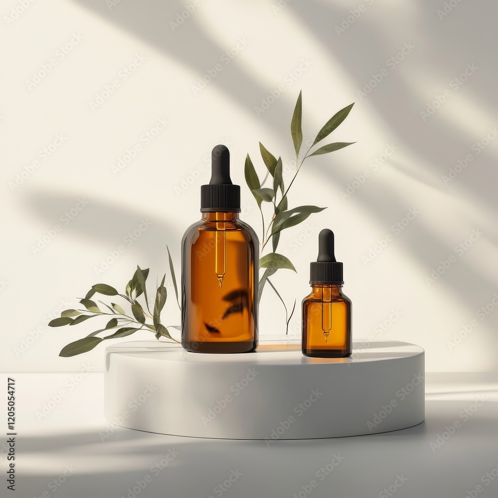 3d render of brown glass dropper bottles on white podium with olive leaves