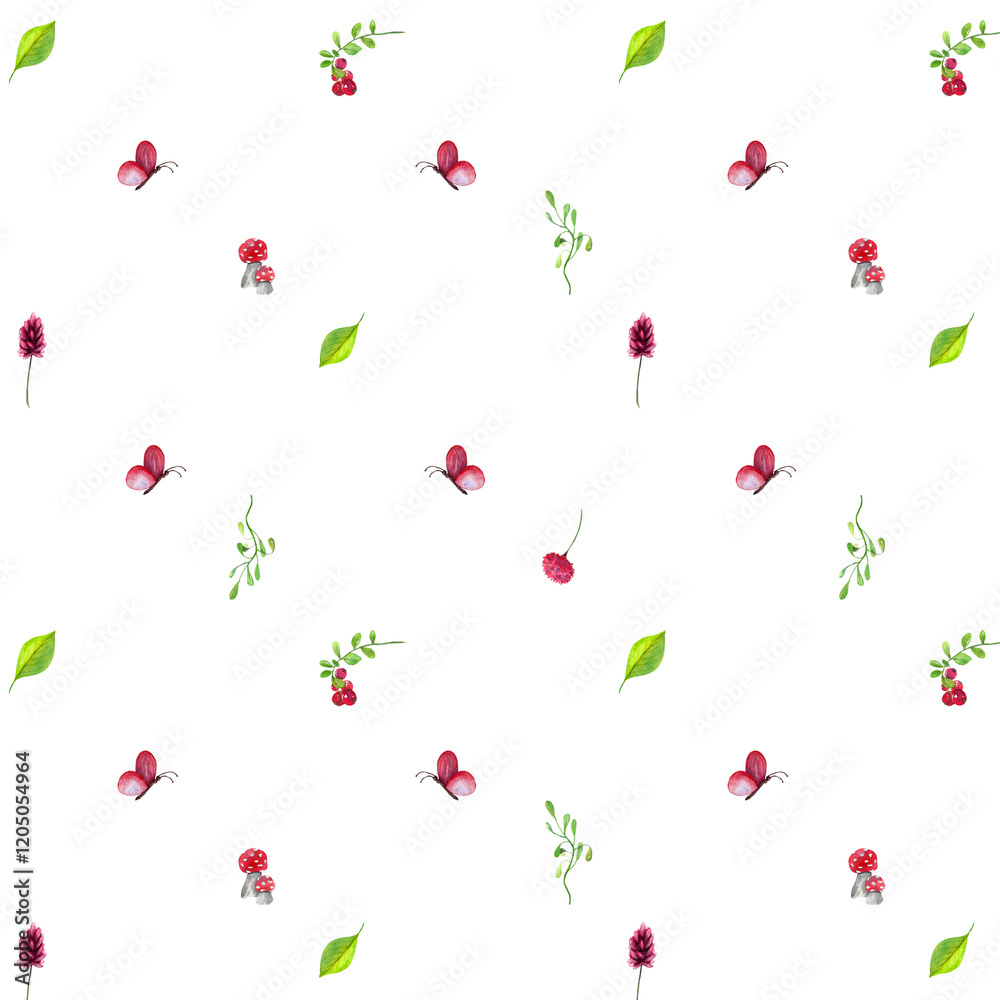watercolor illustration, seamless pattern with butterflies, berries, leaves and mushrooms for wrapping paper, textiles, tableware, children's products watercolor illustration, seamless pattern with butterflies, berries, leaves and mushrooms for wrapping paper, textiles, tableware, children's products