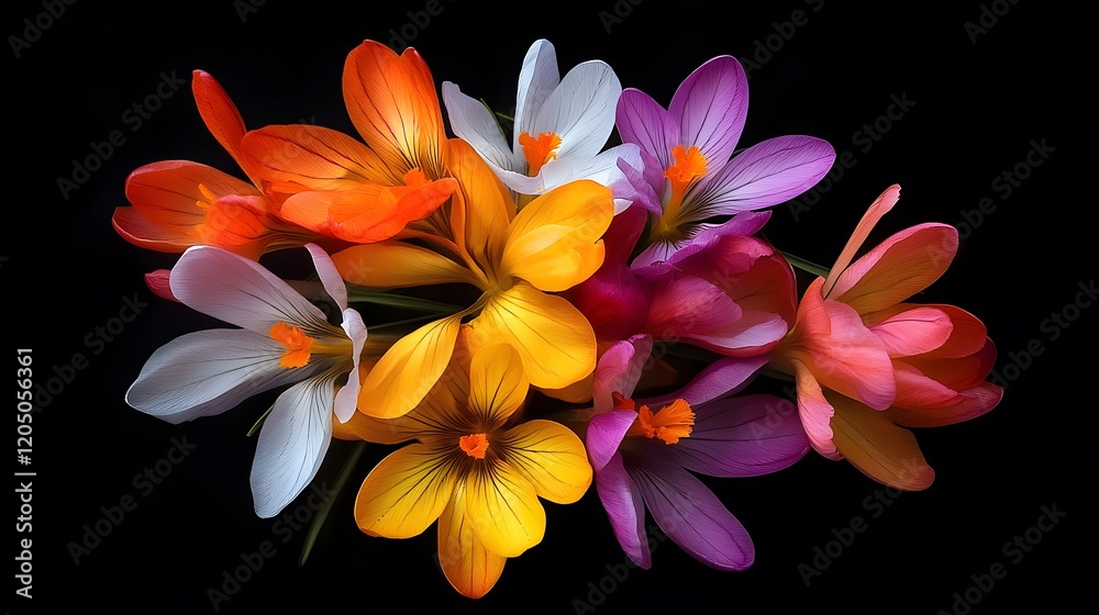 Fototapeta premium Vibrant Crocus Flowers Bouquet Dark Background